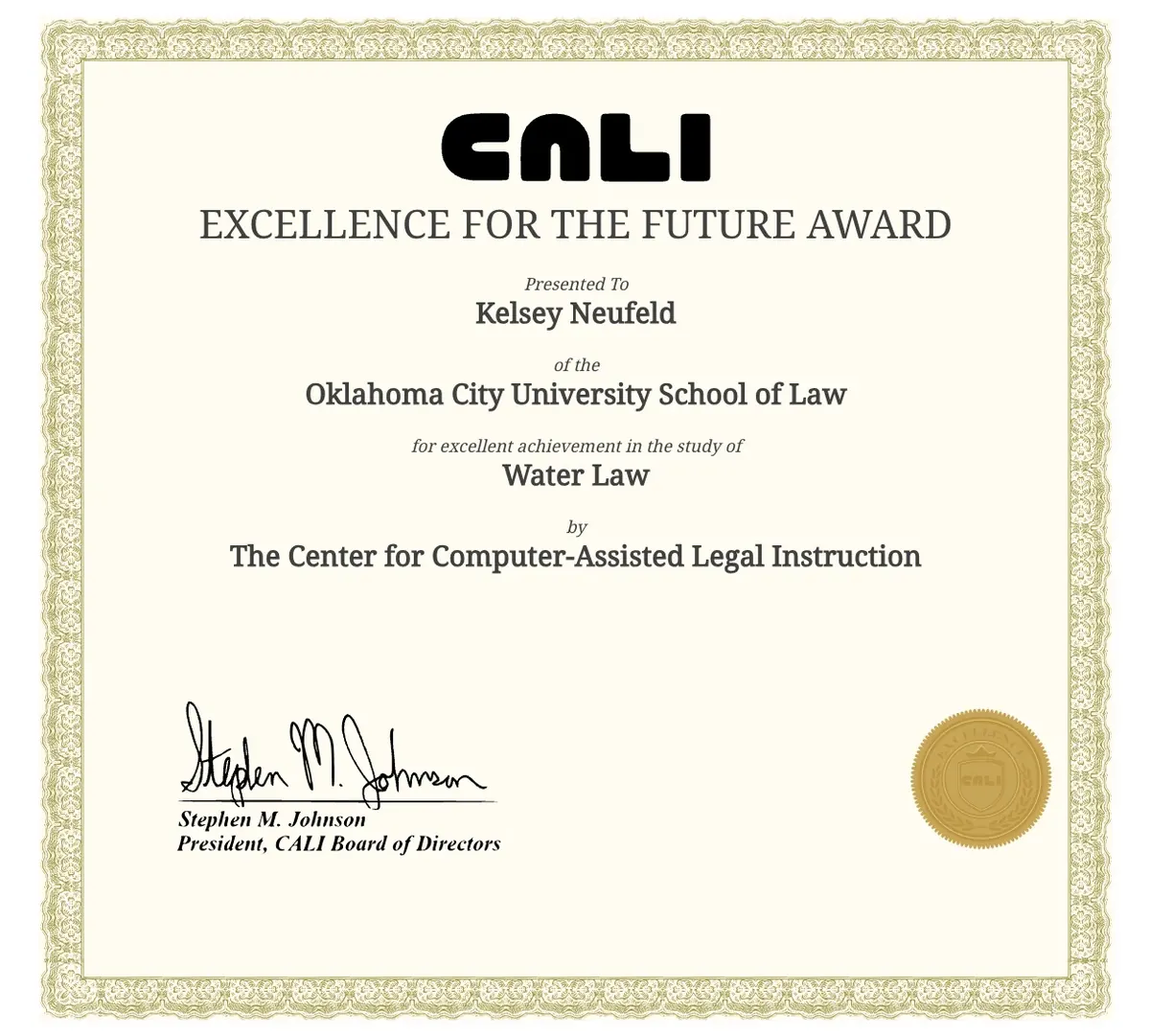 CALI Excellence for the Future Award presented to Kelsey Neufeld for Water Law